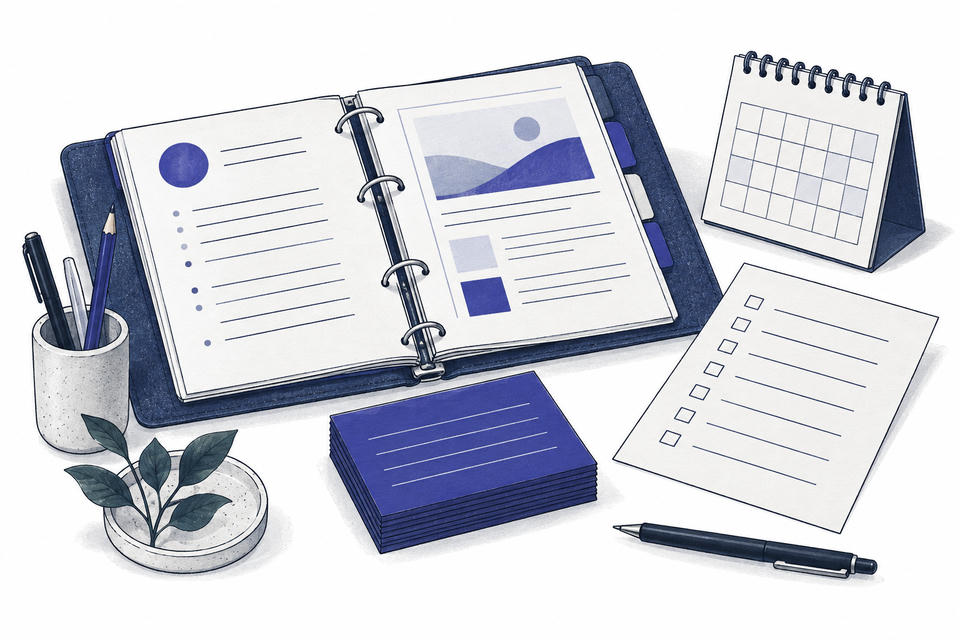 Illustration d'un classeur, de fiches, d'une checklist et d'un calendrier organisés en kit de travail.