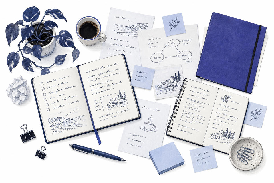 Illustration de carnets, feuilles et notes éparpillés sur un bureau.