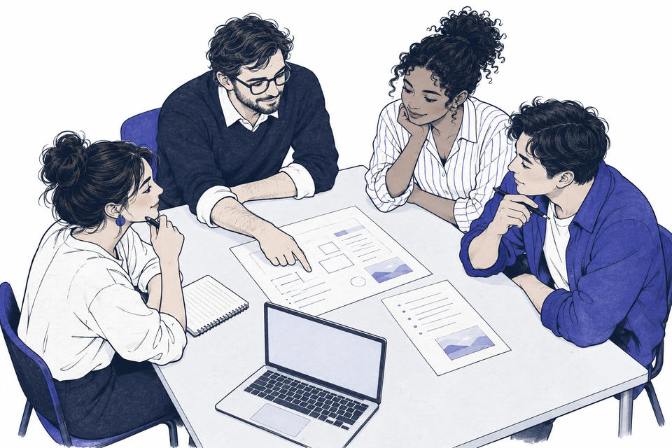 Illustration de quatre collègues réunis autour d'un document commun.