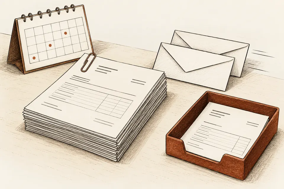 Calendrier de relances, factures et enveloppes, avec une facture mise à part pour vérification.